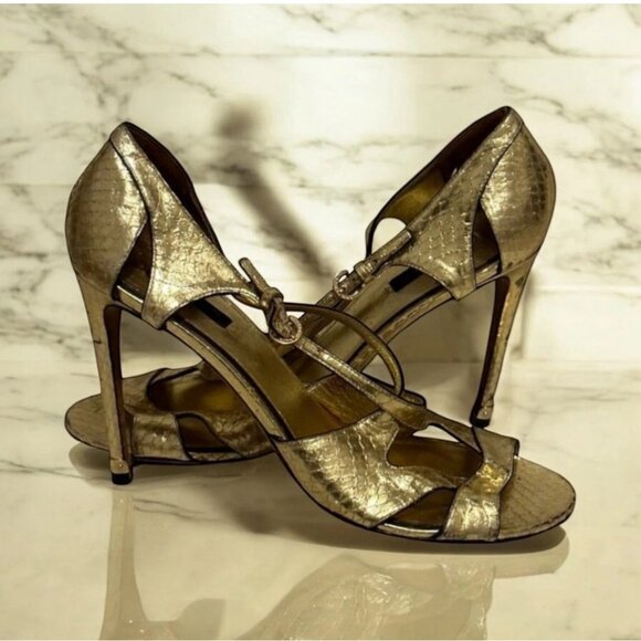 LOUIS VUITTON Gold Snake Print Leather Heels Size 41 - Picture 1 of 10